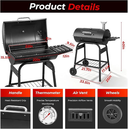 Outvita Barrel Charcoal Grill with Warming Rack, Outdoor BBQ Grill with Side Front Table with Spacious Cooking Grid Area for Backyard Patio Picnic Parties Camping, Black