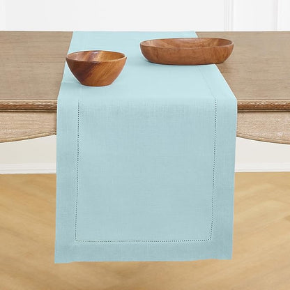 Solino Home Linen Aqua Blue Table Runner 48 Inches - Classic Hemstitch, 100% Pure Linen Coffee Table Runner 14 x 48 Inch Ideal for Dresser Tables - Winter, Spring, Easter