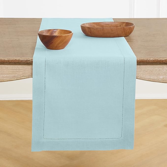 Solino Home Linen Aqua Blue Table Runner 132 Inches Long - 100% Pure Linen Extra Long Table Runner 14 x 132 Inch for Spring, Easter - Classic Hemstitch