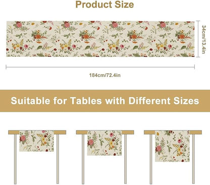 Vintage Flower Table Runner, Rustic Farmhouse Retro Garden Botanical Plants Herbs Wildflower Print Table Runner for Kitchen Dining Room Wedding Party Decor, 13x60inch