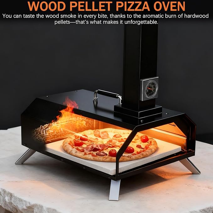 Christmas Gifts Pizza Oven Outdoor 12" Portable Pellet Pizza Stove Wood Fired Stainless Steel Pizza Maker for Backyard or Outside Camping With a Thermometer,a Carry Bag and a Cutter