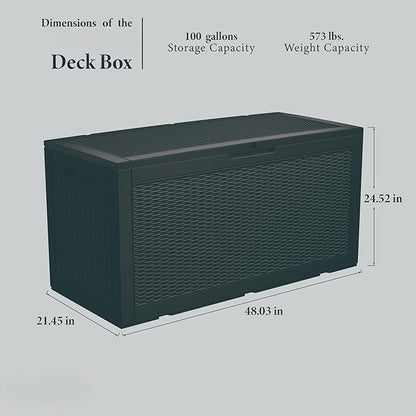 100 Gallon Deck Box, Resin Outdoor Indoor Waterproof Storage Box, Lockable Storage Box With Handle for Patio Furniture - Garden Tools - Swimming Pool Tools UV-Resistant, (100 Gallon Black)