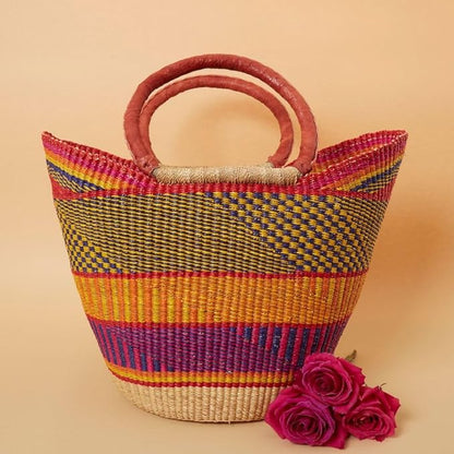 Yellow Orange Picnic Basket, Kitchen & Dining Storage, Reusable Grocery Bag, Countertop Fruits Holder, Farmers Market, Beach, Harvesting, Foraging, Decorative, Wicker, Woven, Boho Style