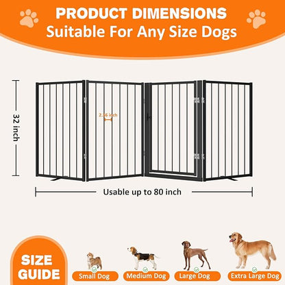 Metal Freestanding Dog Gate, Foldable Extra Wide 79", 32" Tall Large Opening Pet Gate for Indoor & Outdoor, Portable Dog Fence for Stairs, Doorways (Black, 4 Panels)