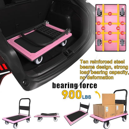 WUD Push Cart, Folding Mobile Platform Trolley,Thickened and Reinforced, 360° Swivel Wheels,35.4 “L x 23.6 ”W, 1100 lb. Pink Dolly cart with Wheels (Pink, Large)