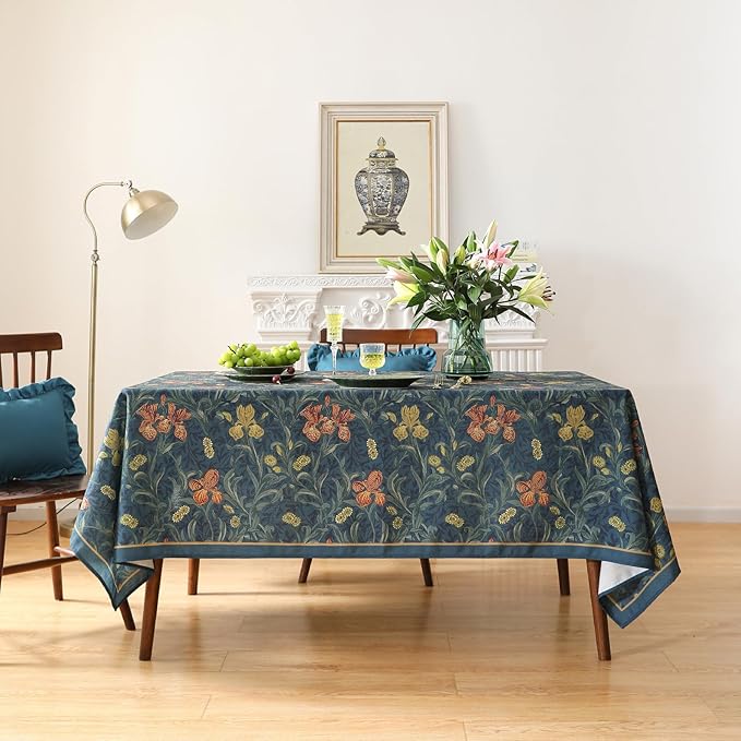 patdrea Designer Dark Blue Linen Rectangle Tablecloth,Vintage French Rustic Floral Pattern Tablecloths,Decorative Table Cover Cloth for Kitchen,Dining,Tea Party,Home,Christmas,55"*87"