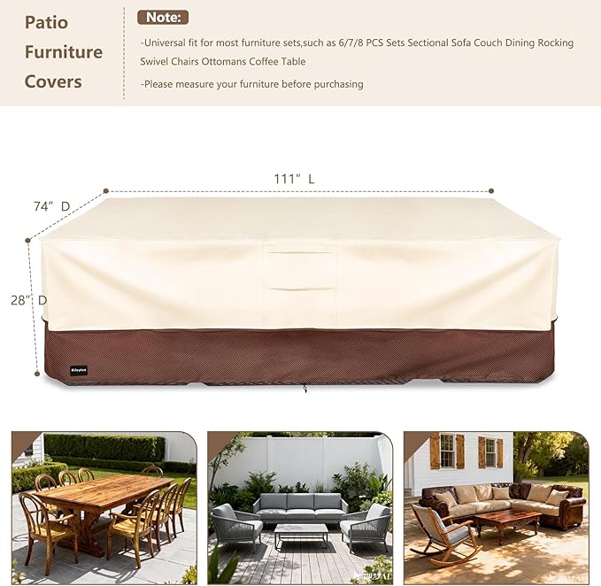 Rectangular Patio Furniture Covers,Upgraded 600D Heavy Duty Outdoor Furniture Covers Waterproof,Outdoor Sectional Dining Table and Chairs General Purpose Furniture Set Cover,111"L × 74"W × 28"H,Beige