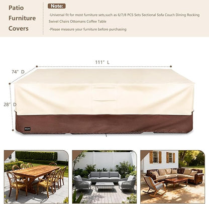 Rectangular Patio Furniture Covers,Upgraded 600D Heavy Duty Outdoor Furniture Covers Waterproof,Outdoor Sectional Dining Table and Chairs General Purpose Furniture Set Cover,111"L × 74"W × 28"H,Beige