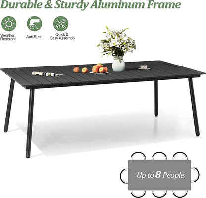 83" Patio Outdoor Dining Table for 6-8, Weather-Resistant Wood-Grain Top with Aluminum Frame & Umbrella Hole for Deck Gatherings, Black