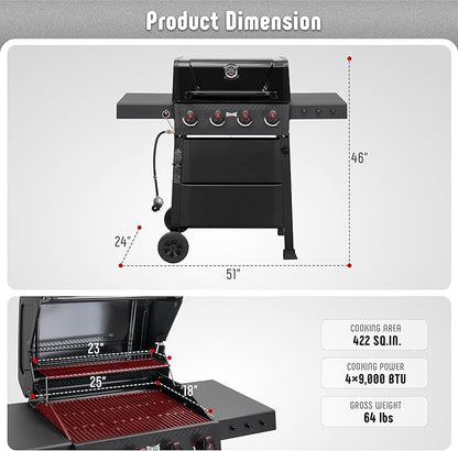 4 Burner Gas Grill, 36,000 BTU Outdoor BBQ Grill with Side Table for Outdoor Cooking & Backyard Barbecue, Premium Enameled Coated Chamber Body with Porcelain-Enameled Grates, Black