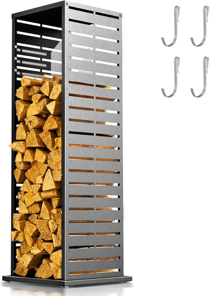 4ft Firewood Rack with Parallel Louver Pattern, Fire Wood Holder Log Storage Rack with Hooks Adjustable Feet, Firewood Stacker for Outdoor Indoor Pergola Gazebo Patio Balcony Black