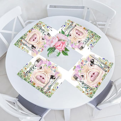 Flower Pig Placemats Set of 4 - Faux Leather Heat Resistant Placemats for Dinner Table, Non-Slip Waterproof Oil-Proof Washable Reusable Placemat for Indoor Outdoor Kitchen Decor, 15.75In*11.81In