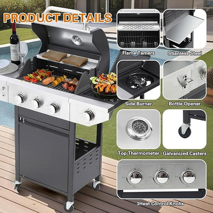 Endark 3-burner propane grill, 37,000 BTU with side-fire function. Stainless steel, enameled cast iron grate, thermometer, wheels. Perfect for patio and garden cooking