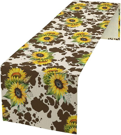 Cow Print Table Runner, Brown Sunflower Cow Print Animal Fur Skin Rustic Cowhide Pattern Table Runner for Kitchen Farmhouse Dining Home Outdoor 13x90in
