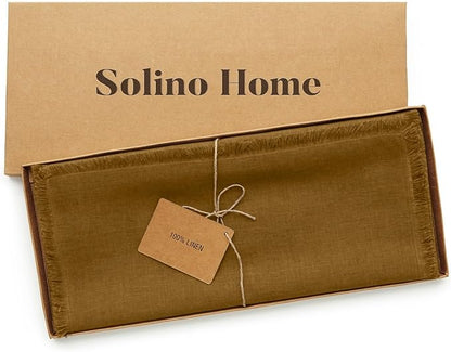 Solino Home Fringe Linen Table Runner 72 Inches Long - 100% Pure Linen Toffee Brown Dining Table Runner 14 x 72 Inch - Handcrafted and Machine Washable