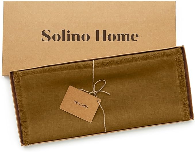 Solino Home Fringe Linen Table Runner 108 Inches Long - 100% Pure Linen Toffee Brown Dining Table Runner 14 x 108 Inch - Handcrafted and Machine Washable