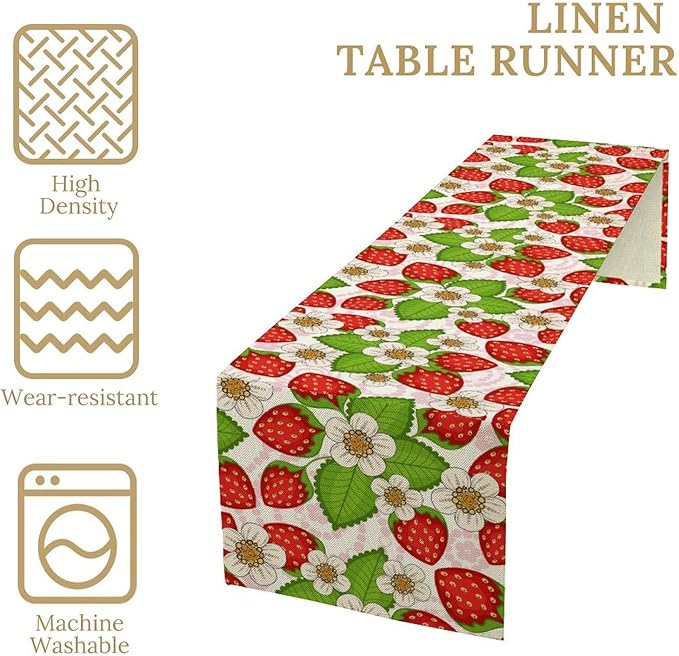 Spring Strawberry Table Runner, Floral Strawberries Flowers Leaf Season Inspirational Design Table Runner for Kitchen Dining Party Holiday Home 13x36in
