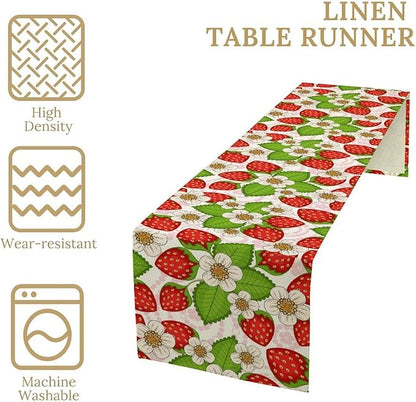 Spring Strawberry Table Runner, Floral Strawberries Flowers Leaf Season Inspirational Design Table Runner for Kitchen Dining Party Holiday Home 13x60in