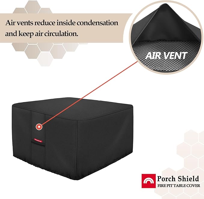 Porch Shield Fire Pit Cover - Waterproof 600D Heavy Duty Fade Resistant Square Patio Fire Pit Table Cover Black - 44 x 44 inch