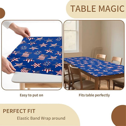 Rectangle Table Cloth Cover Waterproof Elastic Fitted Polyester Fitted Tablecloths for 6 Foot Tables for Indoor,Picnic, Camping, Outdoor （72" x 30"，American Flag）