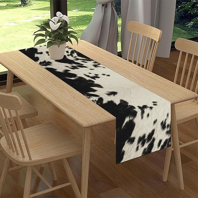 Cow Print Table Runner, Black Cowhide Print Western Style Table Runner Country Farmhouse Cottage Cow Pattern Linen Table Decoration for Home Kitchen Dining 13x36