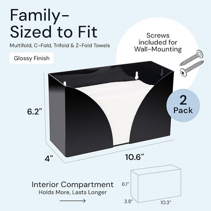 Acrylic Napkin Holder Wall Mount, 2 Pack Black - Multifold Paper Towel Dispenser for Bathroom & Kitchen Accessory - Open Top Guest Hand Towel Tray