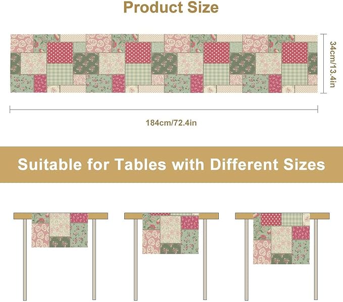 Patchwork Flowers Table Runner, Boho Plaid Floral Retro Romantic Rose Plants Table Runner for Dining Coffee Party Holiday Farmhouse 13x36in