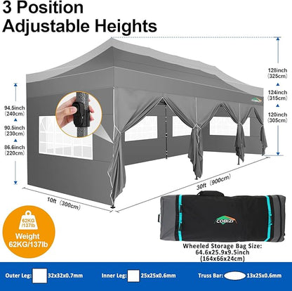 COBIZI 10x30 Pop up Canopy Tent 10x30 Canopy with 8 Sidewalls Waterproof Heavy Duty Commercial Canopy Tent for Parties Outdoor Garden Gazebo, Carry Bag with Wheel(10x30ft, Gray)