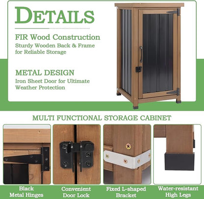 Outdoor Storage Cabinet Waterproof with Metal Top, Wooden Potting Bench Table Tool Organizer with Adjustable Shelf for Patio Backyard Garden