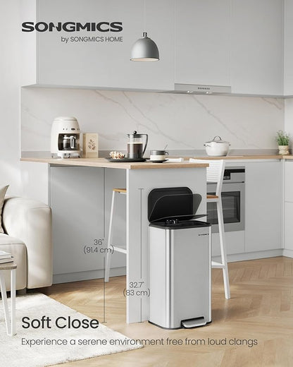 SONGMICS Kitchen Trash Can, 8-Gallon (30 L) Garbage Can with Lid, Stainless Steel, Soft Close and Stays Open, Inner Bucket, Wide Non-Slip Pedal, Metallic Silver ULTB546E01