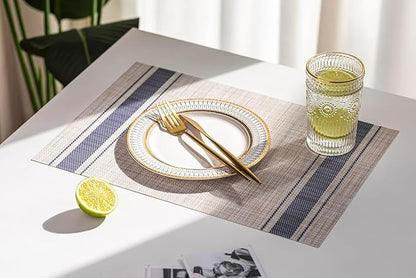 LEXMORE PlaceMats Set of 12 Vinyl/Plastic Woven Place Mats for Kitchen Table Indoor/Outdoor Washable PlaceMat Wipeable Dining Table Mats(Blue Skyline)