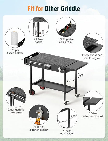 Portable Grill Cart Table with Wheels, for 17-22 Inch Blackstone Griddle Stand, Foldable BBQ Prep Station with Seasoning Tray