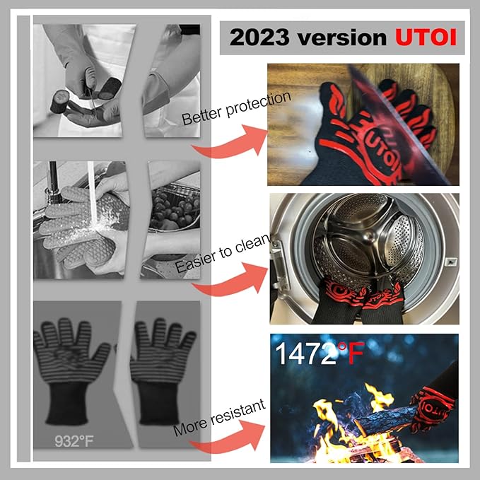 BBQ Grill Gloves 1472°F Heat Resistant, Long Grilling Gloves Oven Mitts for Campfire & Fire Pit, Smoker, Fireplace, Kitchen and Outdoor Cooking, XL Size, Red