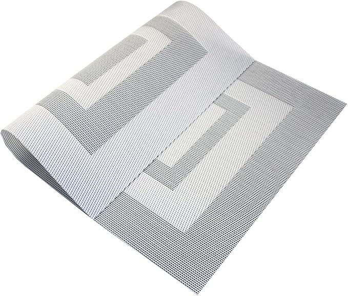 PIGCHCY Placemats - Heat Resistant, Washable Woven Table Mats - Durable Vinyl - Set of 4 (Silver Black)