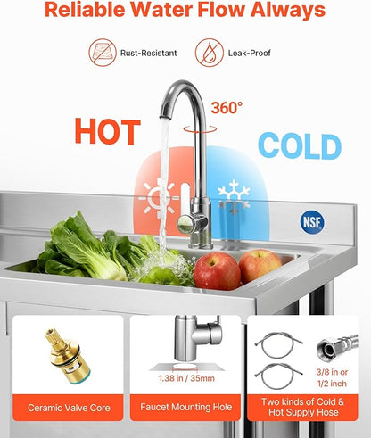 VEVOR Stainless Steel Utility Sink, Rolling Single Bowl Commercial Kitchen Sink with Wheels,Faucet and Hot & Cold Water Pipe,Utility Basin Workbench for Garage Restaurant Laundry 47.2 x 19.7 x 41.5 in