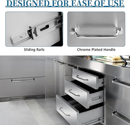 Outdoor Kitchen Drawers 14"Wx21"Hx23"D Flush Mount Access 3-Drawer BBQ Stainless Steel Drawers with Handle for Outdoor Kitchen Island or Grill Station