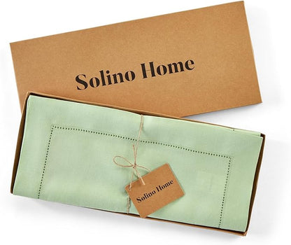 Solino Home Linen Light Green Hemstitch Table Runner 48 Inches - 100% Pure Linen Small Table Runner 14 x 48 Inch for Dresser and Coffee Tables, Spring, St Patricks Day, Easter - Classic Hemstitch