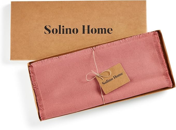Solino Home Fringe Linen Table Runner 48 Inches - 100% Pure Linen Dusty Rose Table Runner 14 x 48 Inch Ideal for Dresser and Coffee Tables - Valentines, Spring, Easter