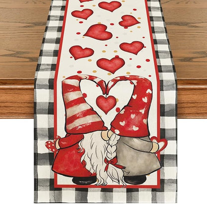 Artoid Mode Watercolor Hearts Gnomes Love Table Runner, Seasonal Anniversary Wedding HoliKitchen Dining Table Decoration for Indoor Outdoor Home Decor 13 x 60 Inch