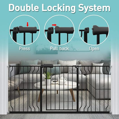 WAOWAO Baby Gate 62.19-66.92" Extra Wide Pressure Mounted Walk Through Swing Auto Close Safety Black Metal Toddler Kids Child Dog Pet Puppy for Stairs,Doorways,Kitchen