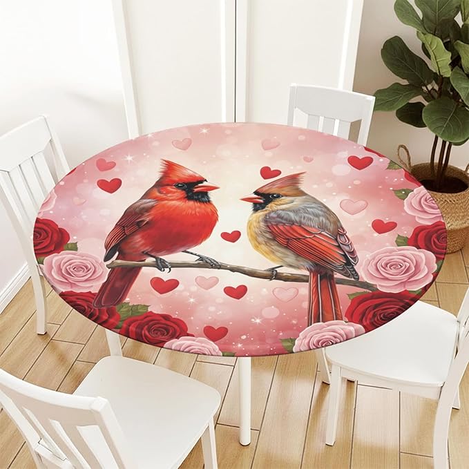 Valentines Day Round Fitted Tablecloth with Elastic Cardinal Bird Heart Circle Table Cloth for 36-40" Tables Wipeable Waterproof Washable Valentine Red Birds Table Cover for Picnic Dining Party Decor