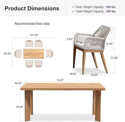 PURPLE LEAF 7 Pieces Patio Dining Set Aluminum Modern Rectangular Table and Rattan Arm Chairs with Cushions for Kitchen Porch Garden Outdoor Furniture Sets, Teak