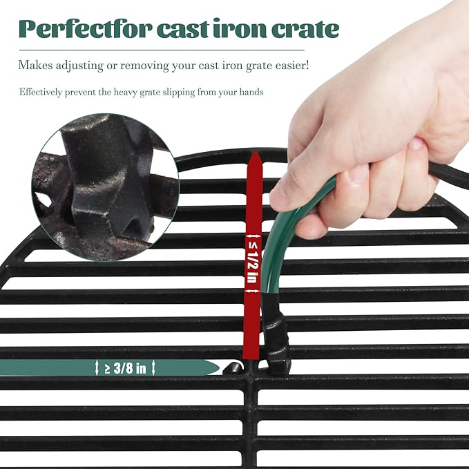 KAMaster Cast Iron Grill Grate Lifter Compatible with Big Green Egg,Primo Vision Louisiana Grills Kamado Grill Accessories Grate Lifters with Green Protective Cover for Moving Hot Grate