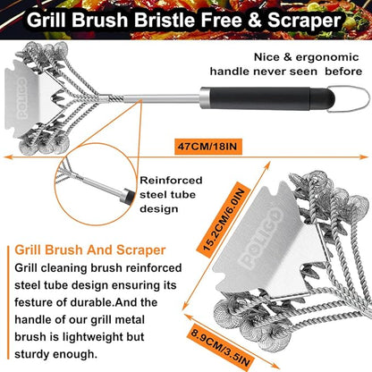 POLIGO Safe Grill Brush and Scraper Bristle Free 18" Grill Cleaner Brush - Stainless Steel BBQ Brush for Grill Cleaning - Wireless Grill Brush with BBQ Scraper for Grill - Gifts for Grill Wizard