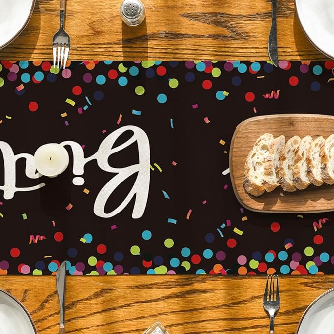 Artoid Mode Polka Dot Black Happy Birthday Table Runner, Seasonal Halloween Kitchen Dining Table Decoration for Home Party Decor 13x36 Inch