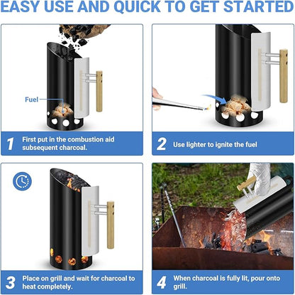 Charcoal Chimney Starter with Insulation Gloves Double Enameled BBQ Starter, 2PCS barbrcue Gloves for Charcoal Grill with Heat Shield & Rubber Wood Handle Great Heat Insulation and Easy Grip