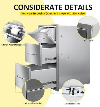 Outdoor Kitchen Drawers with Paper Towel Holder 17" W x 30"H Flush Mount BBQ Drawers with Chrome Handle,Stainless Steel Built-in Triple Access Drawers for Outdoor Kitchen Island, Patio Grill Station