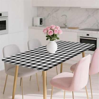 Rectangle Table Cloth Cover Waterproof Elastic Fitted Polyester Fitted Tablecloths for 6 Foot Tables for Indoor,Picnic, Camping, Outdoor （60" x 30"，Black Grid）