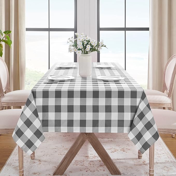 Softalker Gingham Checkered Tablecloth Rectangle - Outdoor Waterproof Buffalo Plaid Table Cloth, Stain Resistant Washable Table Cover for Picnic, Camping, Dining - Grey and White, 60 x 120 Inch