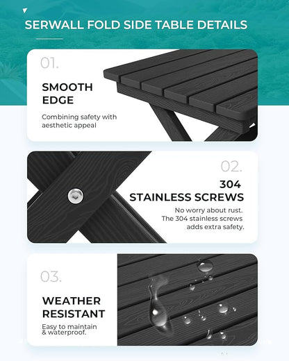 SERWALL Folding Outdoor Side Table, HDPE Adirondack Side Table, Portable Outdoor End Table, Black